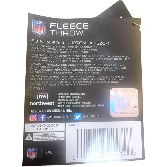 NFL New Orleans Saints Football Gridiron Fleece Throw, 50 x 60-inches. - Picture 3 of 3